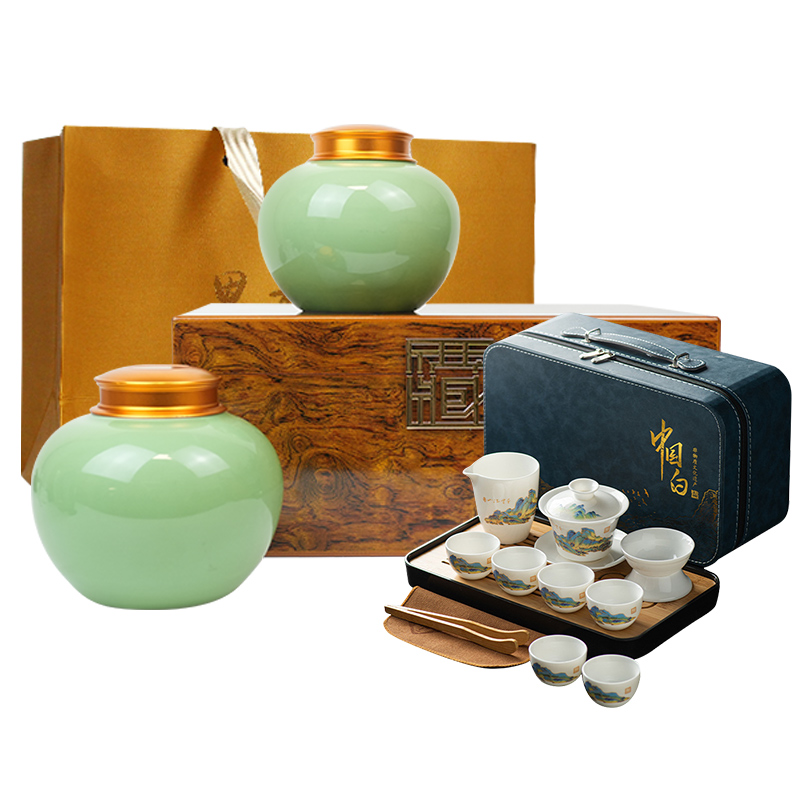 茶马世家恩施玉露明前特级开园头采富硒茶云龙系商务礼盒200g+千里江山图茶具套装*1